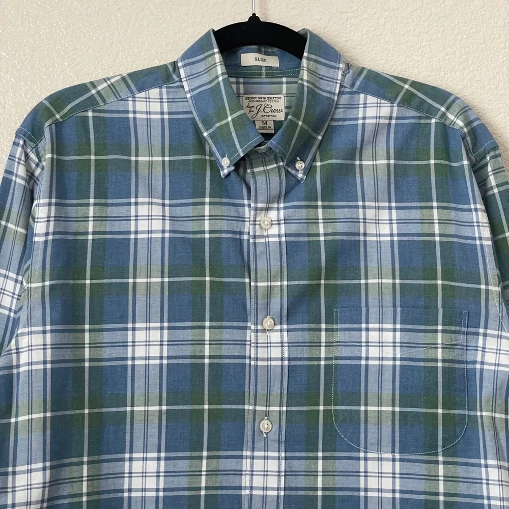 J. Crew Shirt Mens Medium Blue Green Slim Fit Secret‎ Wash Organic Cotton Plaid